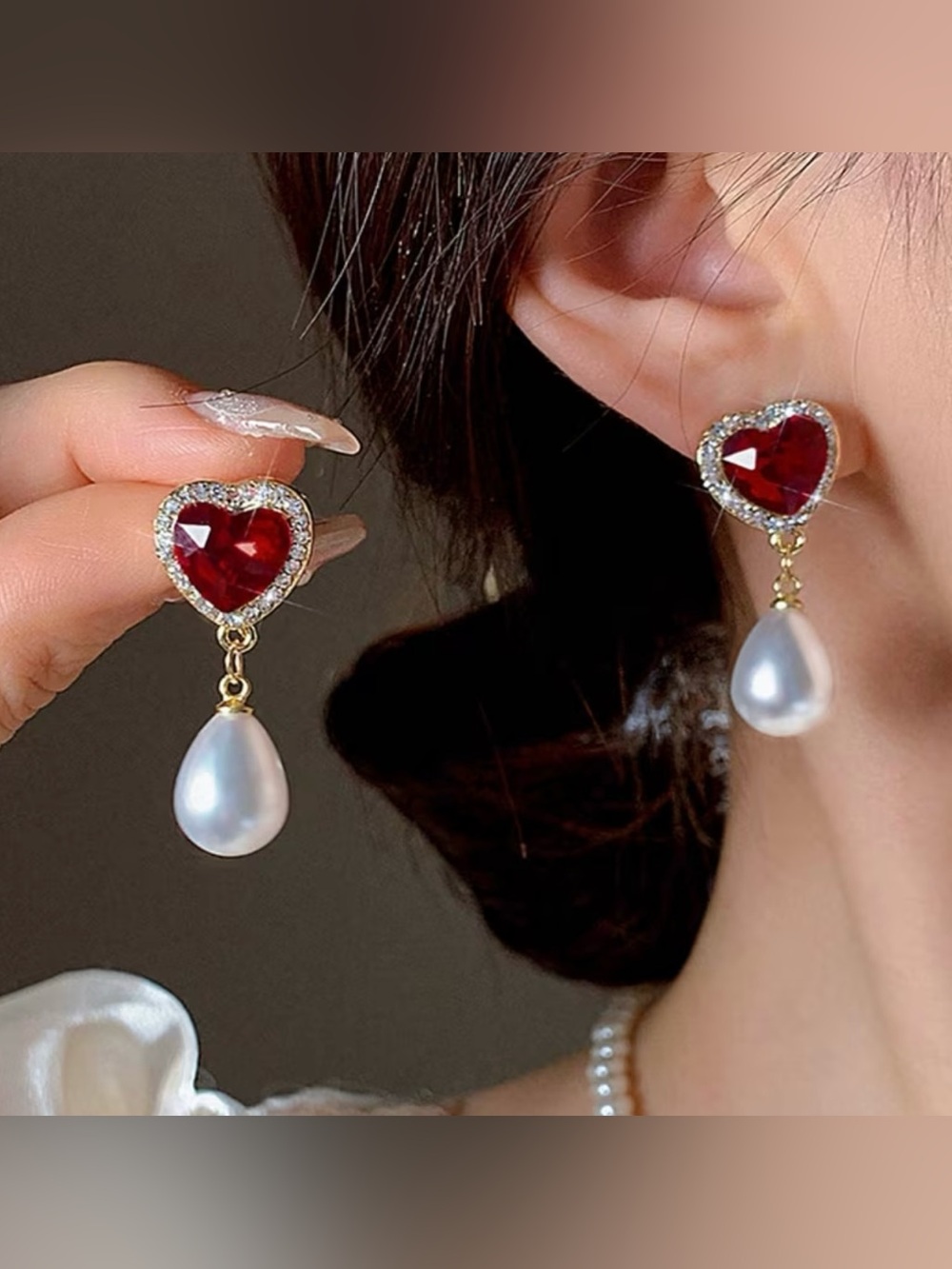NEW! Elegant Red Heart Drop Pearl Earrings. Victorian Heart Earrings ❤️